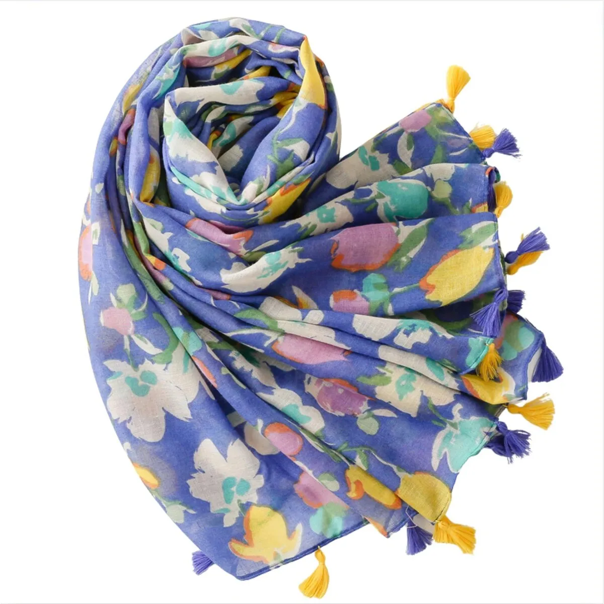 Watercolor Floral Scarf with Tassels in Blue and Yellow sold by Zulily product image thumbnail 2