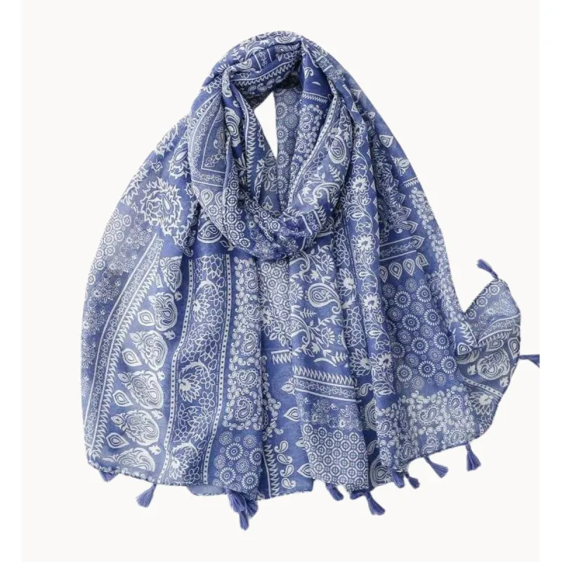 Blue and White Paisley Scarf with Tassels sold by Zulily