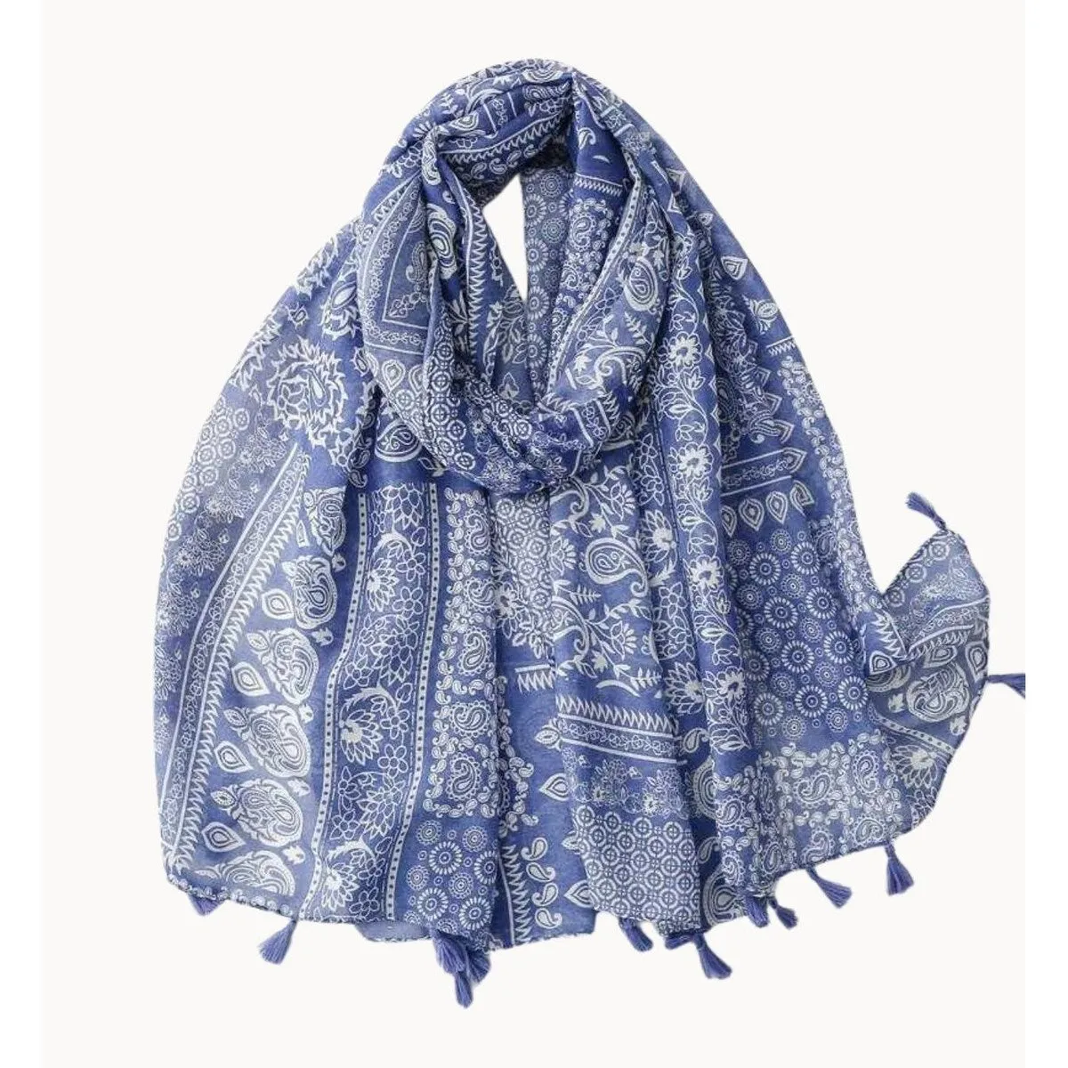 Blue and White Paisley Scarf with Tassels sold by Zulily