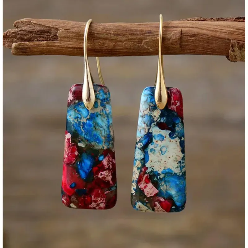 Goldtone & Red Blue Jasper Gemstone Rectangular Drop Earrings sold by Zulily
