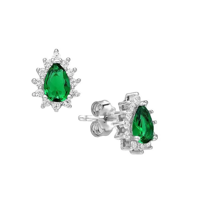CZ Simulated Emerald Teardrop Halo Stud Earrings - 925 Sterling Silver - Ag Sterling sold by Zulily