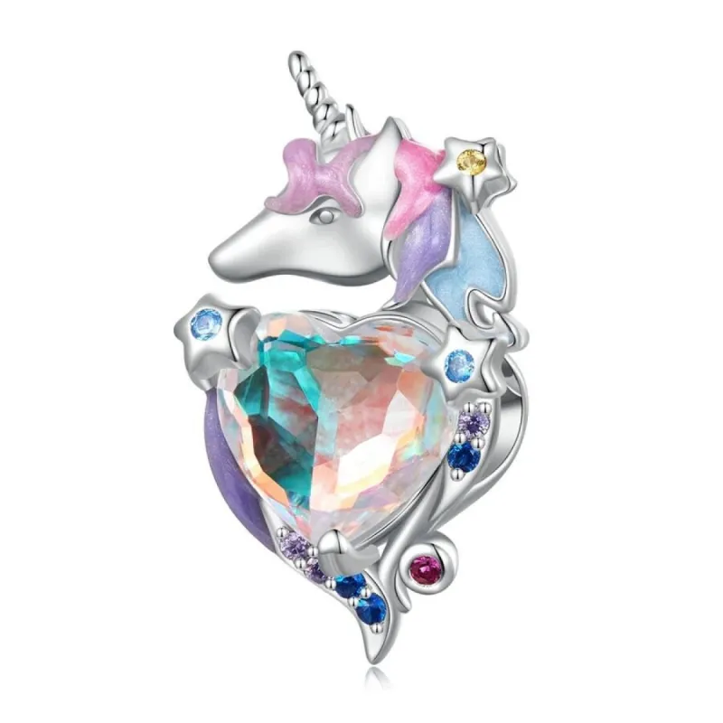 Sterling Silver Iridescent Heart CZ & Pastel Unicorn Bracelet Charm sold by Zulily