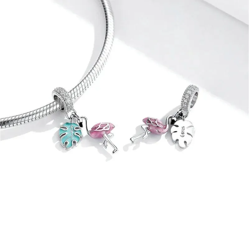 Sterling Silver Pink Flamingo & Green Leaf Bracelet Charm sold by Zulily