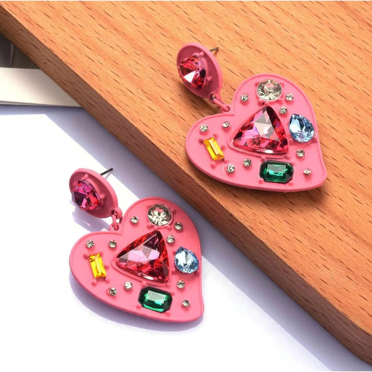 Pink Heart & Multi Colored Crystal Drop Stud Earrings sold by Zulily
