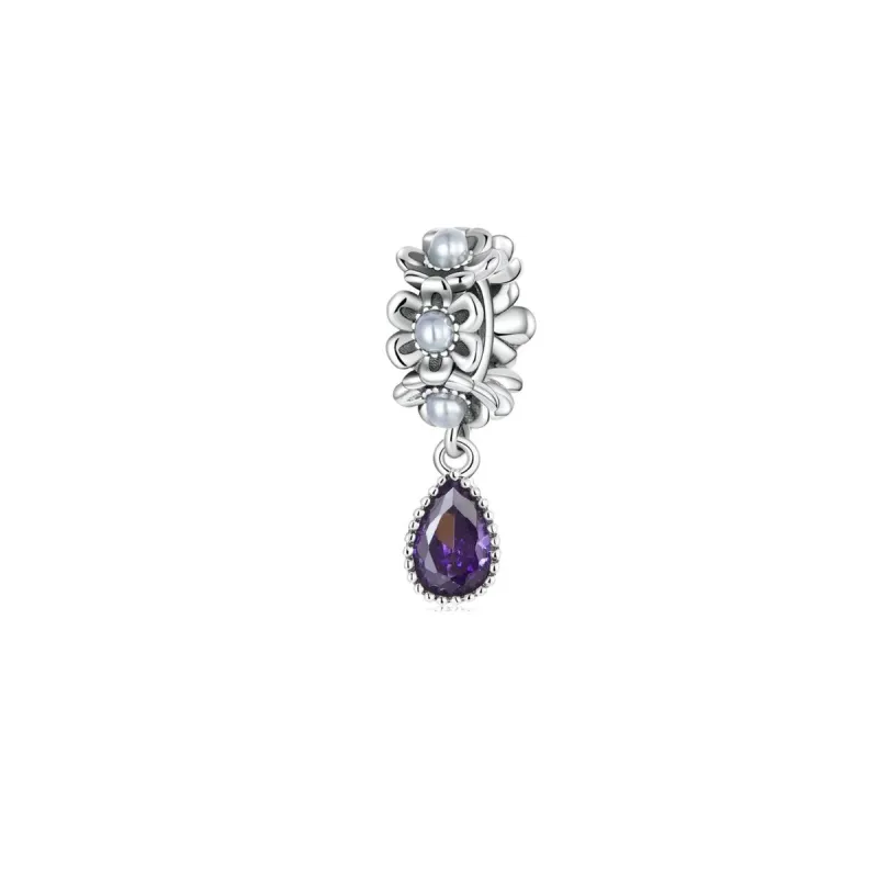 Purple Cubic Zirconia & Sterling Silver Daisy Teardrop Charm sold by Zulily