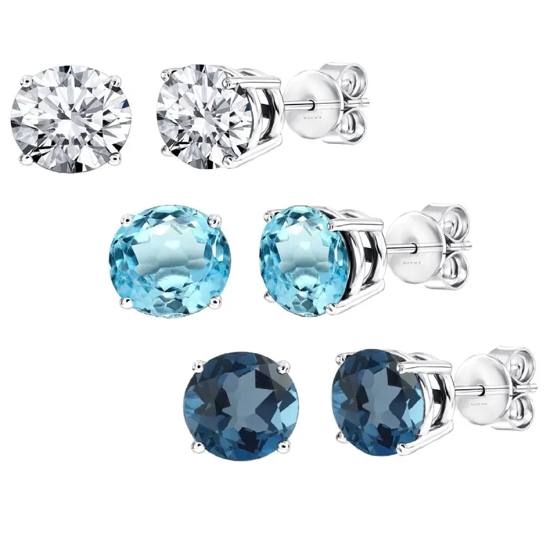 Set of 3 Sterling Silver Stud Earrings - Blue Topaz and White Topaz sold by Zulily