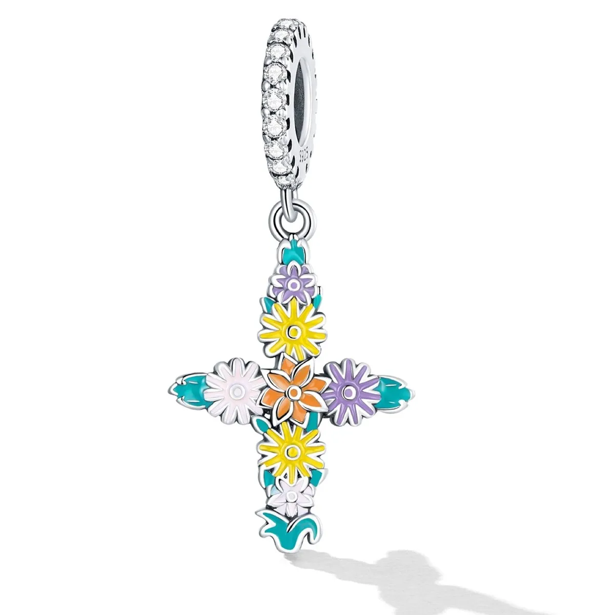 Sterling Silver Multi Colored Floral Cross Dangle Charm sold by Zulily