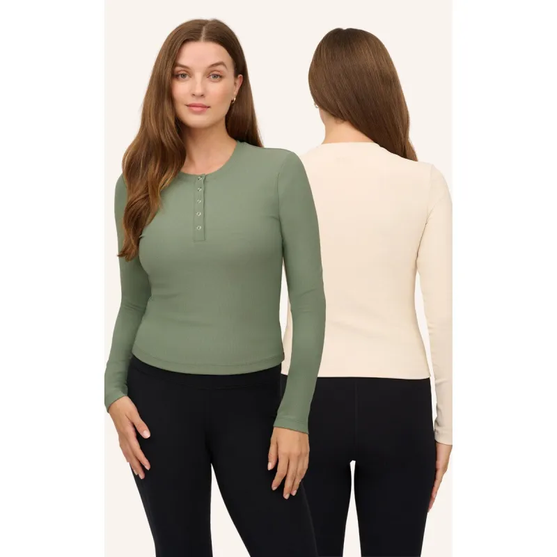 90 Degree By Reflex 2 Pack Ribbed Henley & Ribbed Long Sleeve Crew Neck Top sold by Zulily