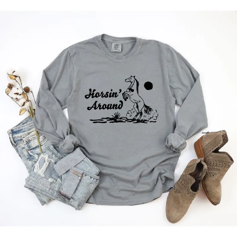 Horsin' Around Garment Dyed Long Sleeve sold by Zulily