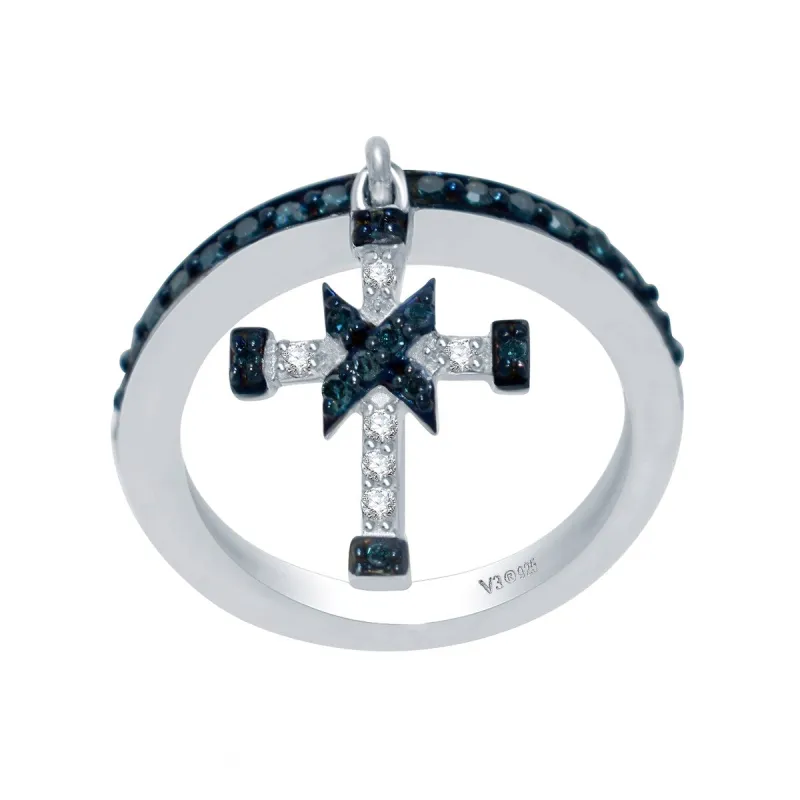 Sterling Silver Real Blue and White Diamond Cross Charm Ring sold by Zulily