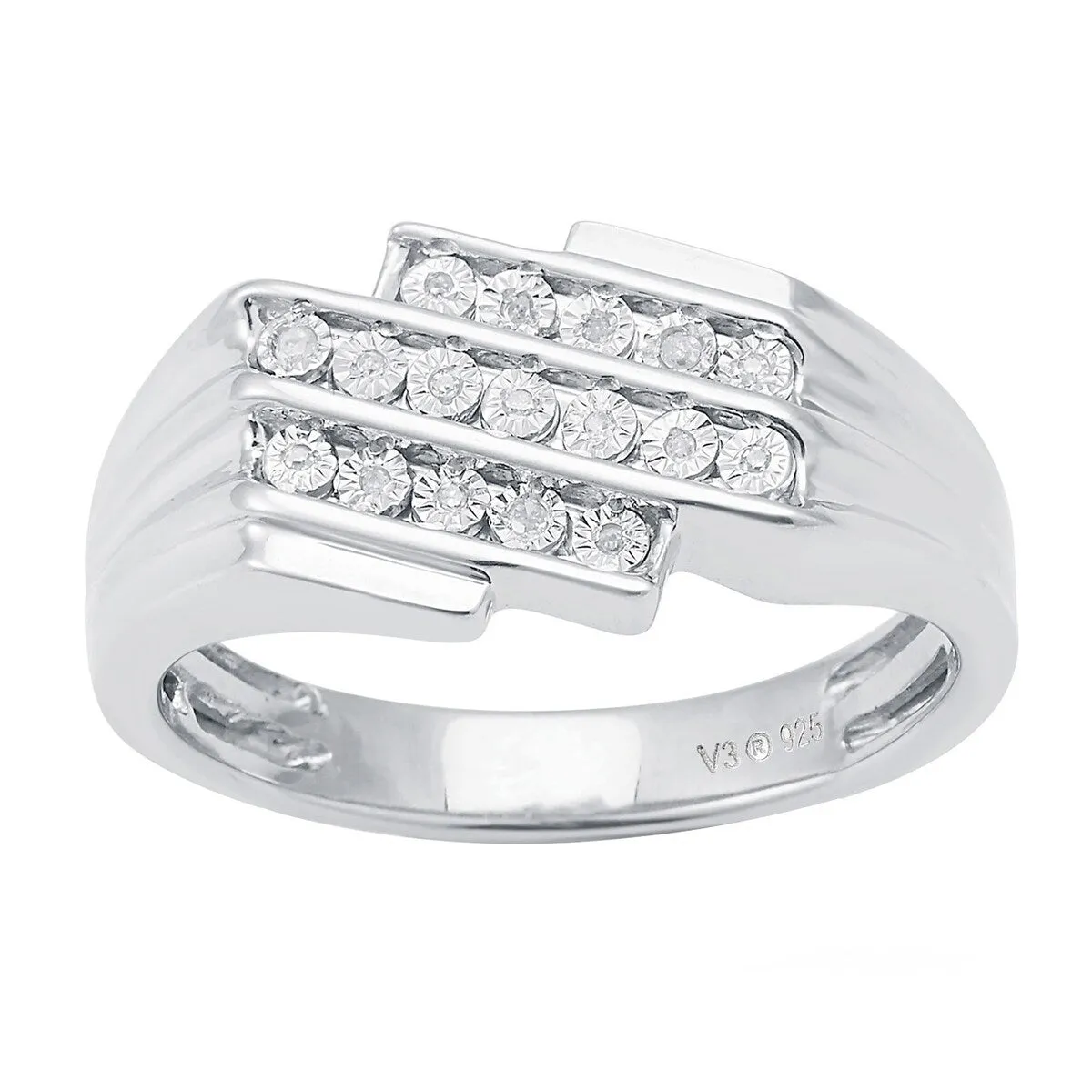 Sterling Silver Real White Diamond Three Row Men's Ring sold by Zulily