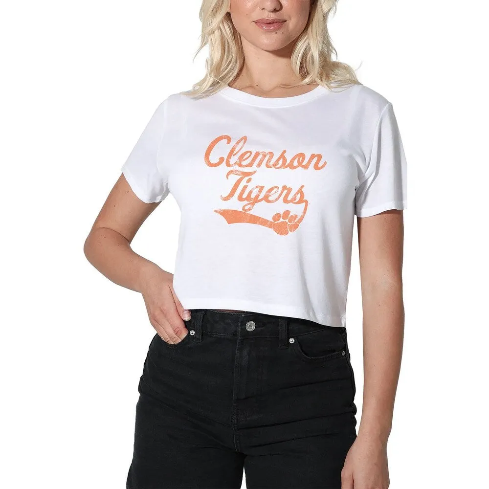 Clemson University Vintage Script Women's Crop Top T Shirt sold by Zulily