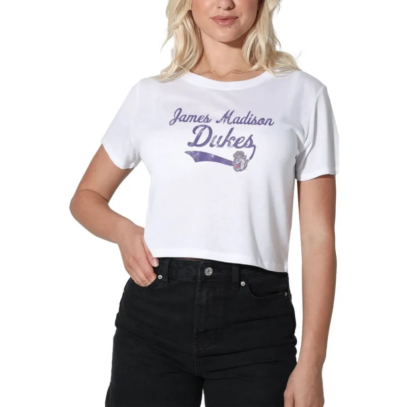 James Madison University Vintage Script Women's Crop Top T Shirt sold by Zulily