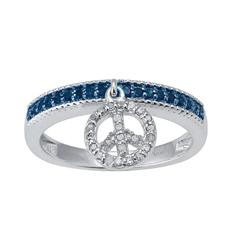 Sterling Silver Natural Blue and White Diamond Peace Dangle Charm Band Ring sold by Zulily