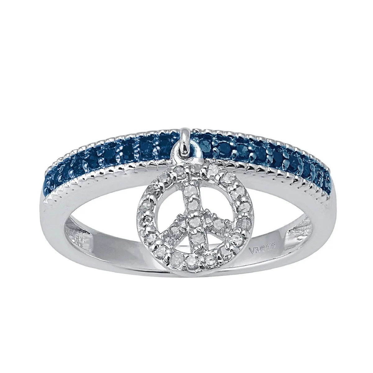 Sterling Silver Natural Blue and White Diamond Peace Dangle Charm Band Ring sold by Zulily
