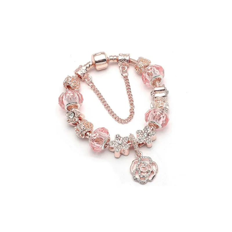 Rose Gold Plated Pink Crystal CZ Flower Charm Beaded Bracelet - Rose Gold sold by Zulily