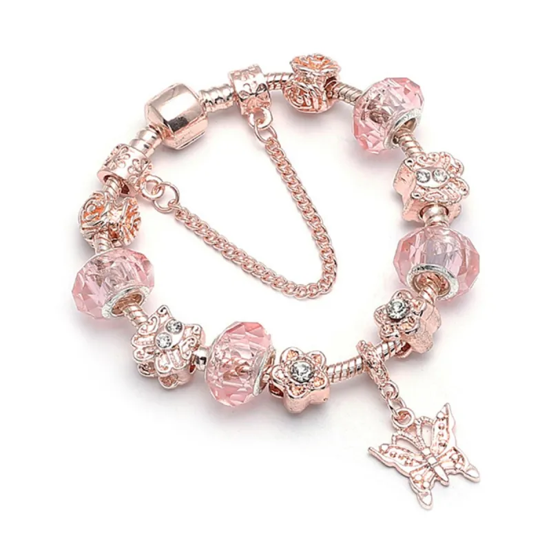Rose Gold Plated Pink Crystal Butterfly Charm Beaded Bracelet - Rose Gold sold by Zulily