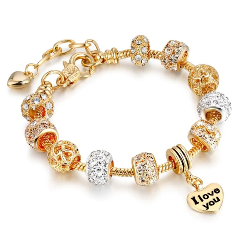 Gold Plated Crystal Heart CZ " I Love You " Charm Beaded Bracelet sold by Zulily