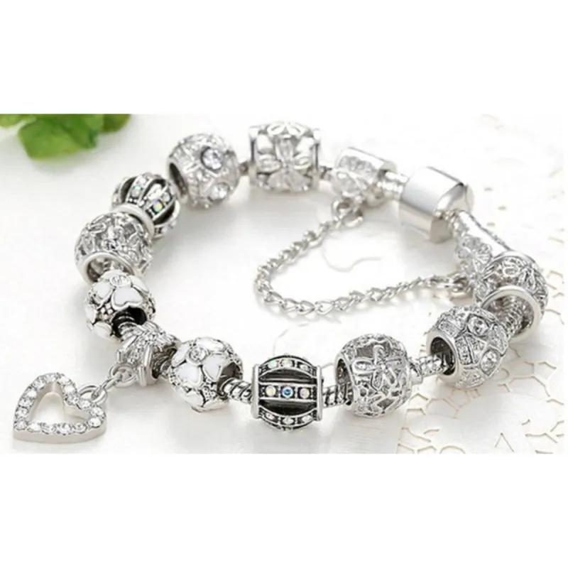 White Gold Plated Crystal Heart CZ Charm Beaded Bracelet - Silver sold by Zulily