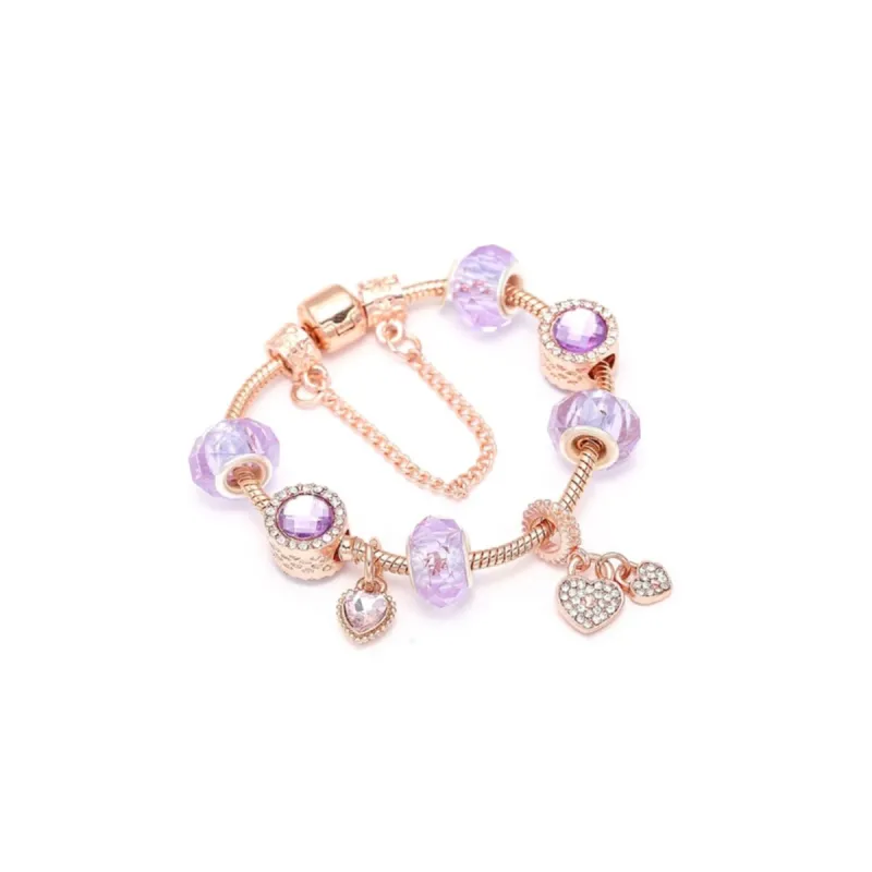 Rose Gold Plated Pink Crystal Heart CZ Charm Beaded Bracelet - Rose Gold sold by Zulily