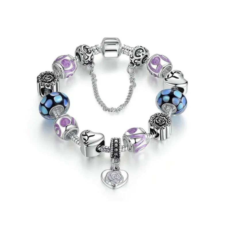 White Gold Plated Crystal Heart Charm Beaded Bracelet - Silver Blue Purple sold by Zulily