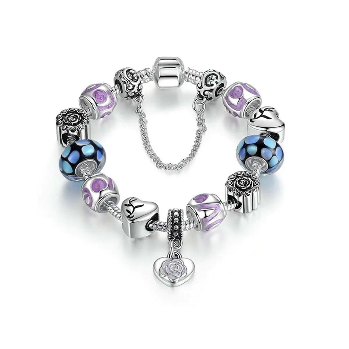 White Gold Plated Crystal Heart Charm Beaded Bracelet - Silver Blue Purple sold by Zulily
