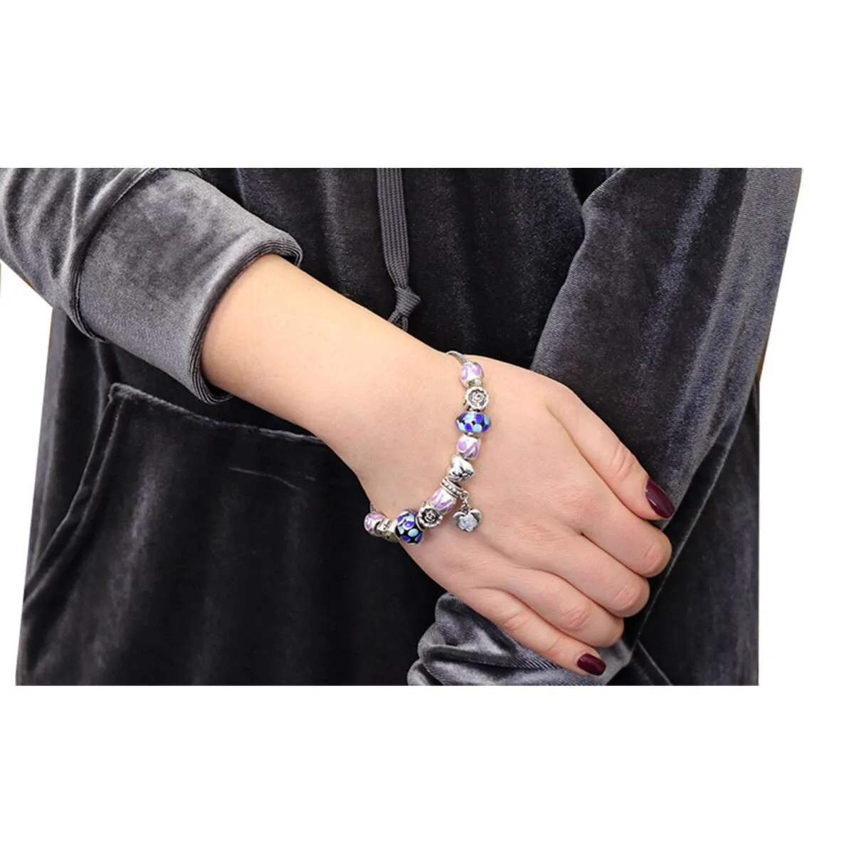White Gold Plated Crystal Heart Charm Beaded Bracelet - Silver Blue Purple sold by Zulily product image thumbnail 2