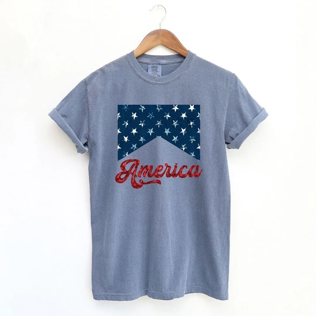 America Retro Cursive Garment Dyed Tee sold by Zulily