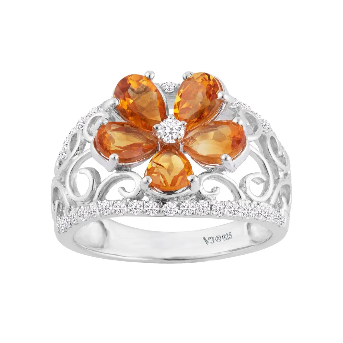 Sterling Silver 3.00Ct Natural Citrine and White Zircon Flower Ring sold by Zulily