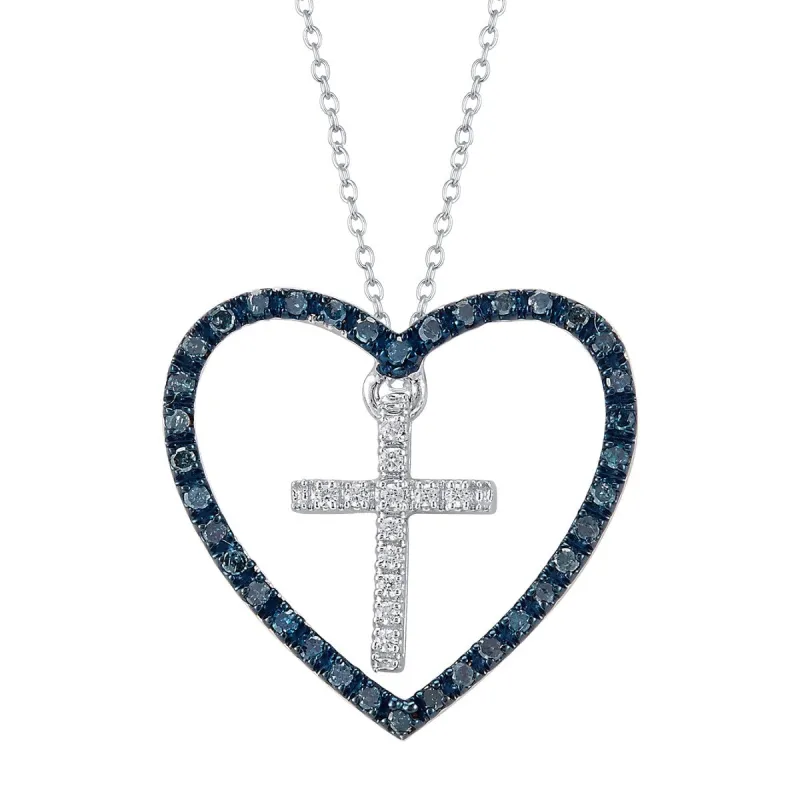 Sterling Silver 0.25Ct Blue & White Diamond Heart Shape Cross Pendant sold by Zulily