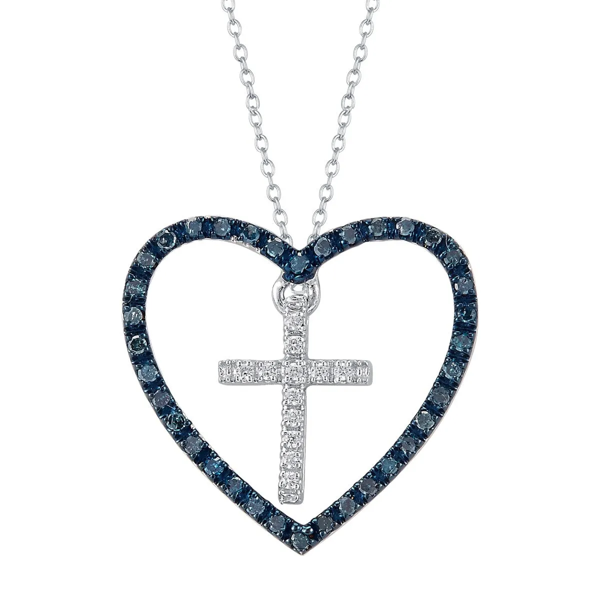 Sterling Silver 0.25Ct Blue & White Diamond Heart Shape Cross Pendant sold by Zulily