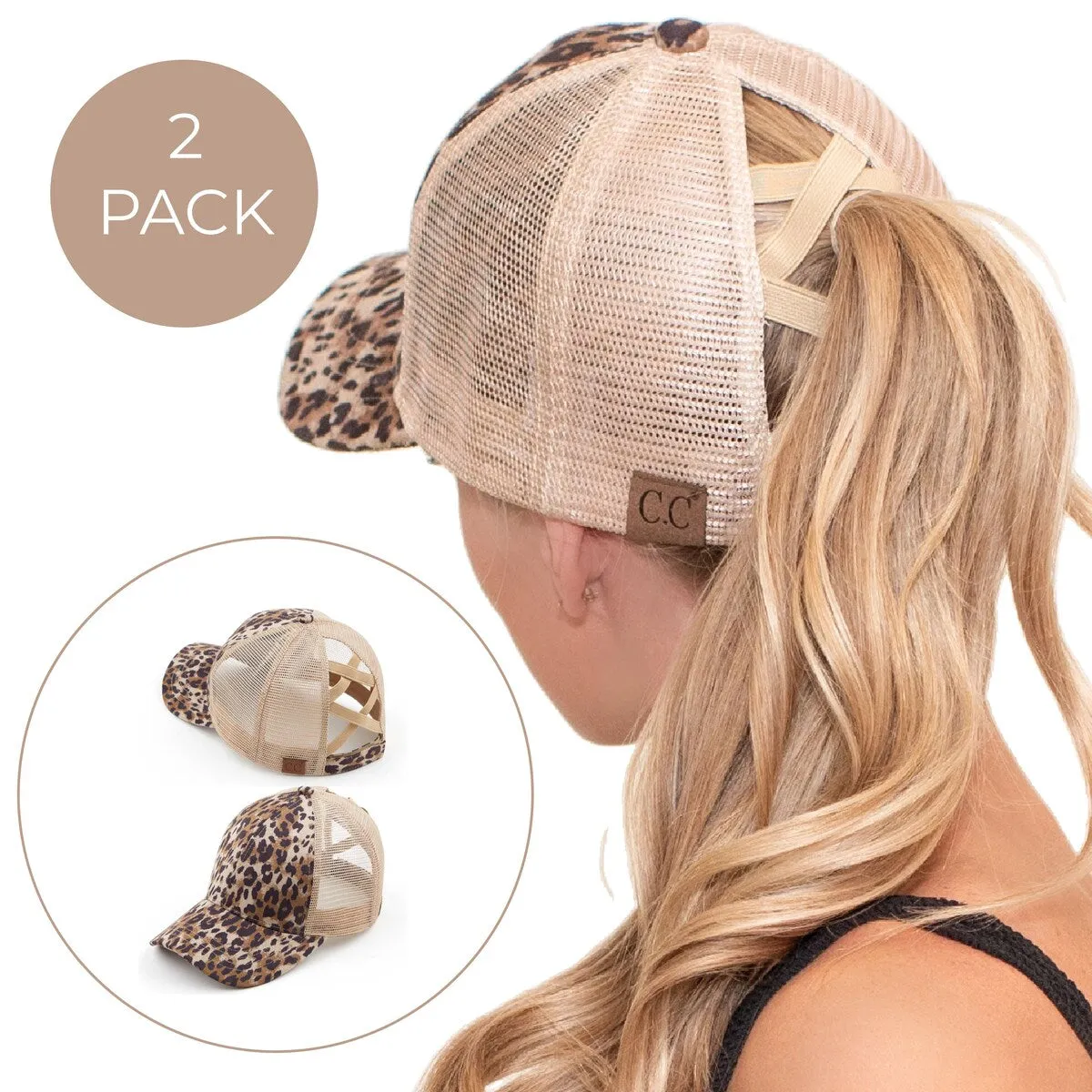 CC 2-Pack Ponytail Caps - Faux Leather & Leopard Suede Hats for Women sold by Zulily product image thumbnail 3