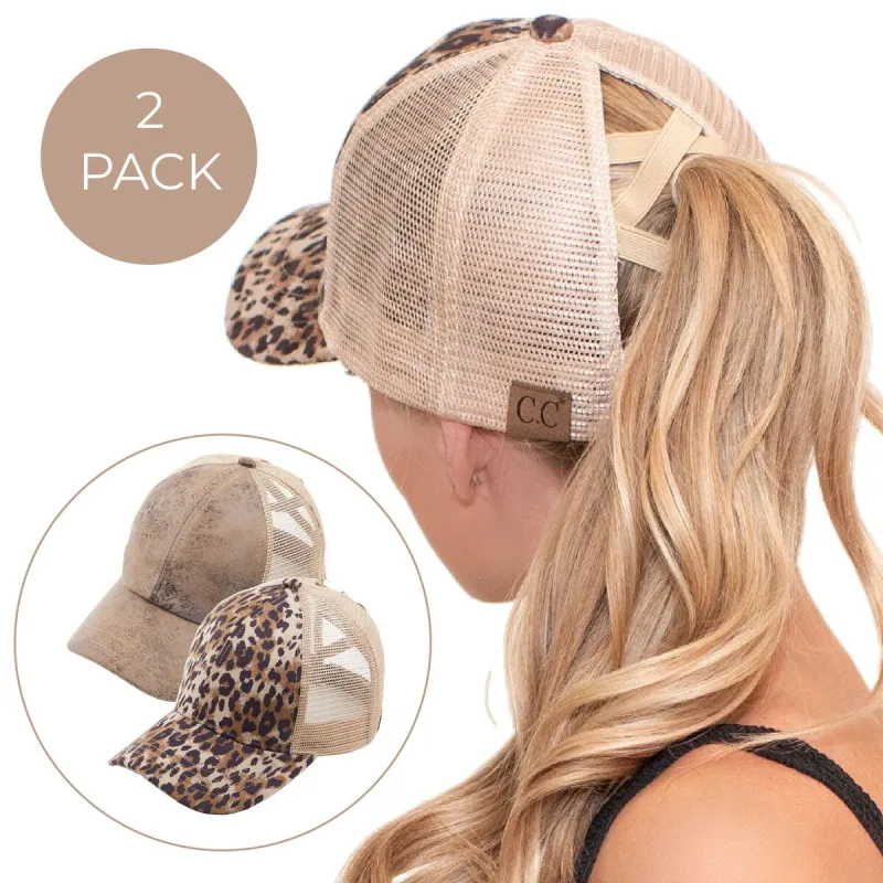 CC 2-Pack Ponytail Caps - Faux Leather & Leopard Suede Hats for Women made by C.C