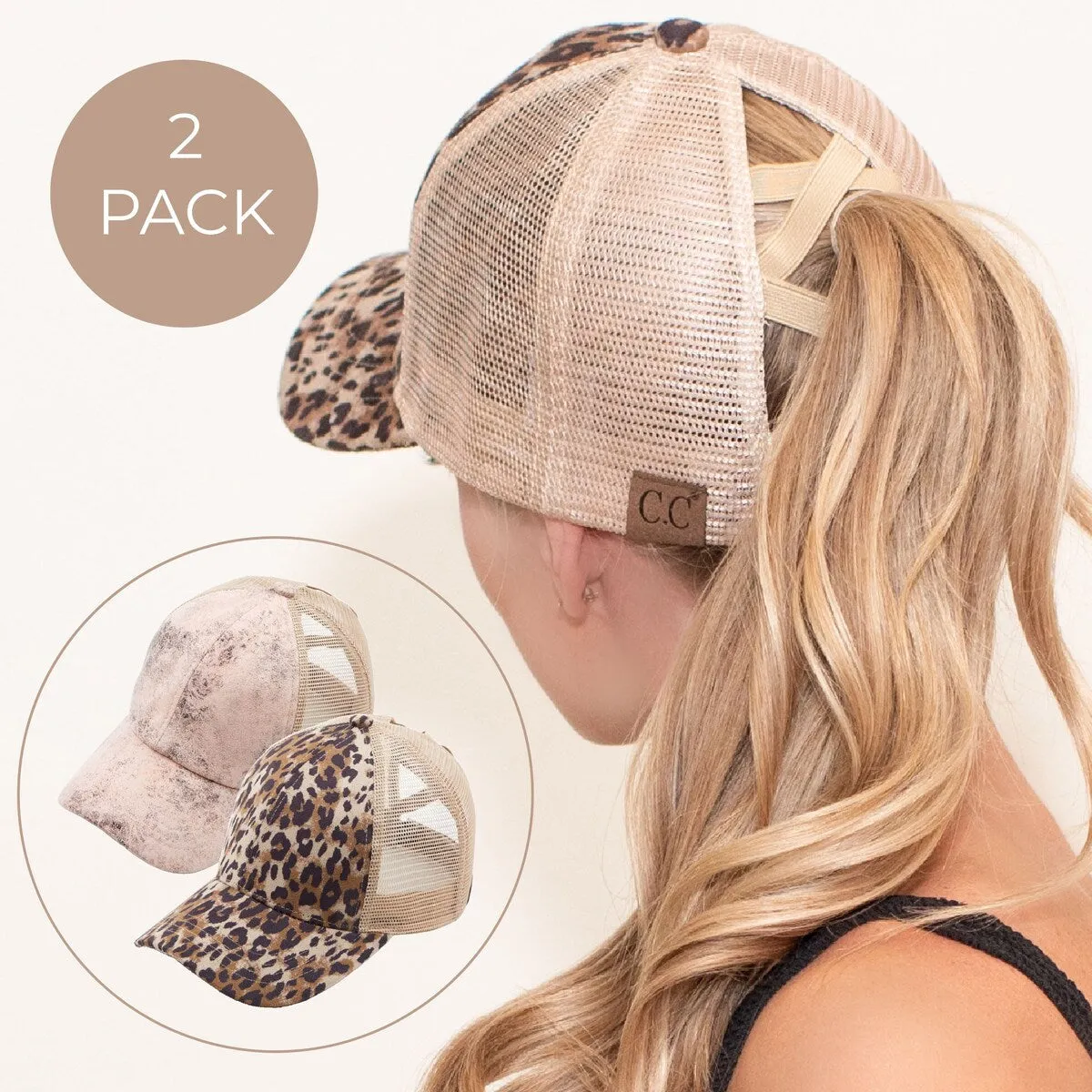 CC 2-Pack Ponytail Caps - Faux Leather & Leopard Suede Hats for Women sold by Zulily product image thumbnail 2