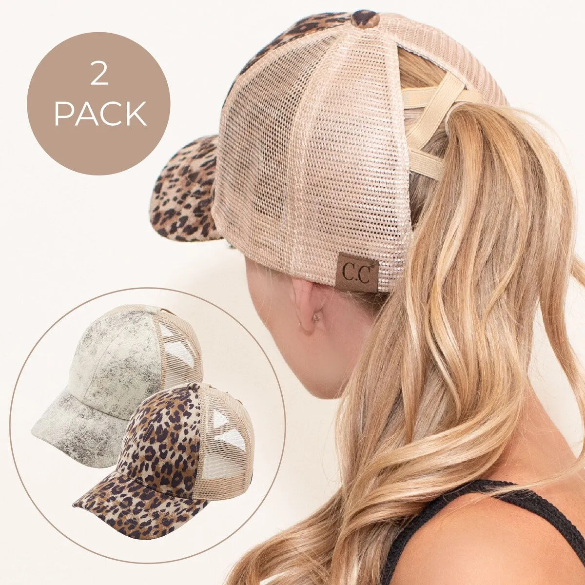 CC 2-Pack Ponytail Caps - Faux Leather & Leopard Suede Hats for Women sold by Zulily product image thumbnail 4