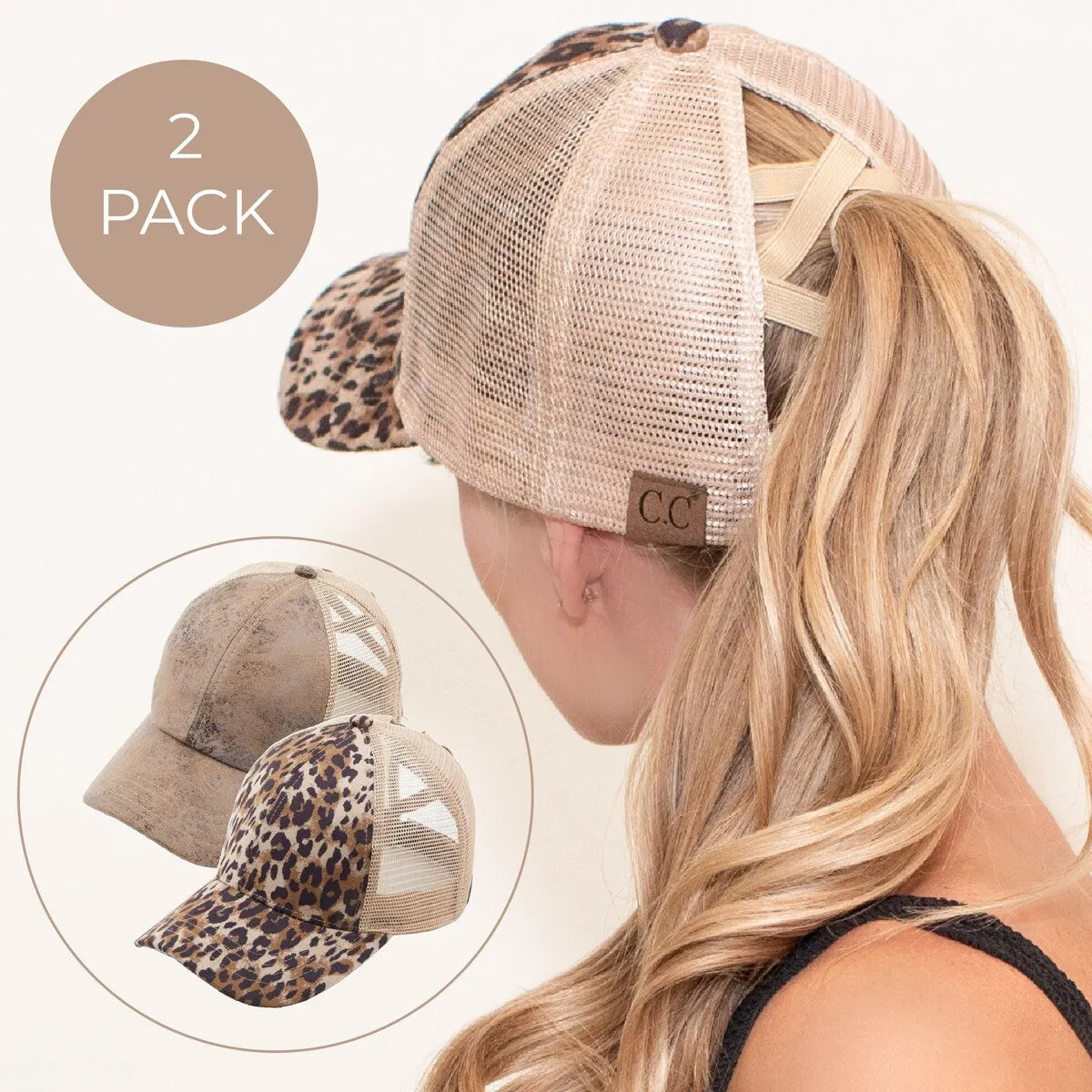CC 2-Pack Ponytail Caps - Faux Leather & Leopard Suede Hats for Women sold by Zulily product image thumbnail 5