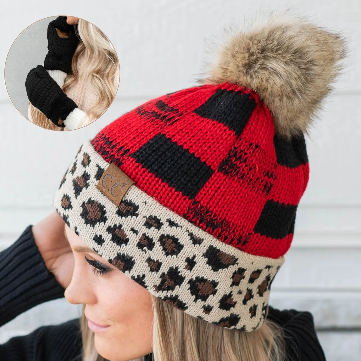 CC Beanie Leopard Buffalo Winter Hat and Lined Mittens, Set of 2 sold by Zulily product image thumbnail 5