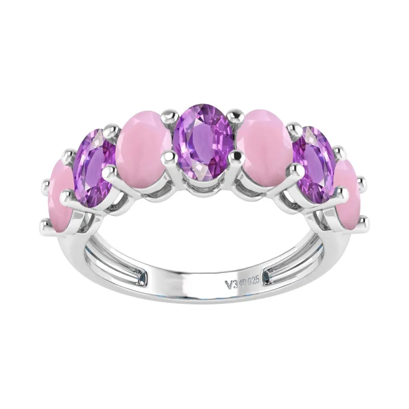 Sterling Silver Natural Pink Opal and Amethyst Seven Stone Band Ring sold by Zulily