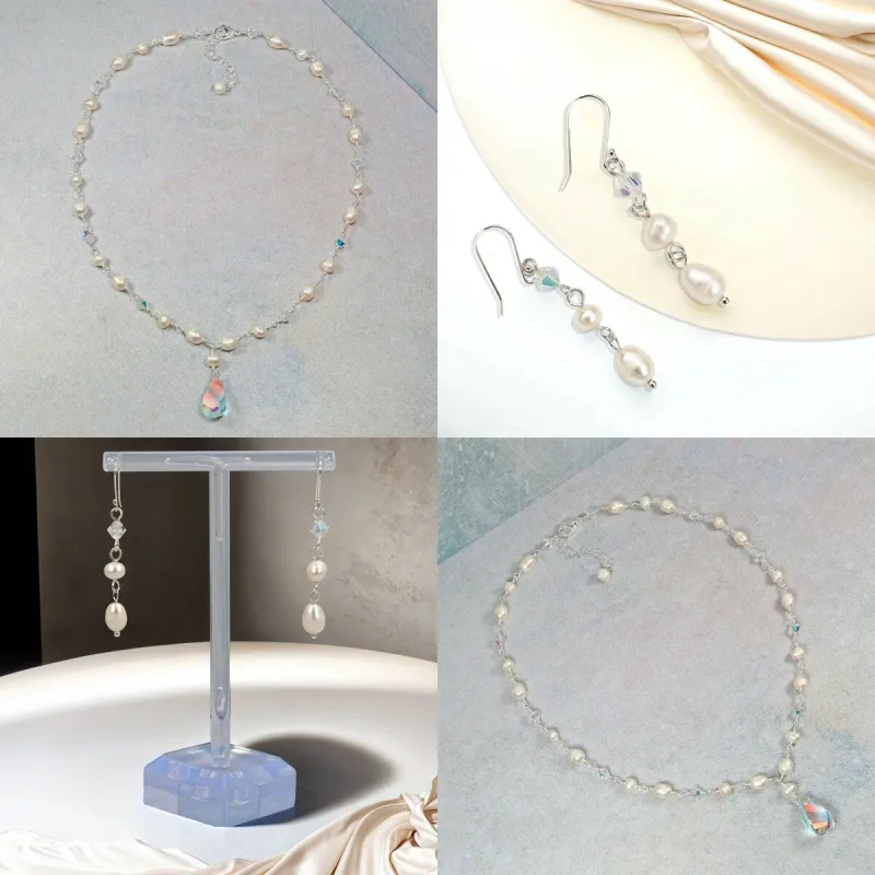 Set of 2pcs Aurora Boreal Clear Glass Crystal or Jet Black Glass Crystal and Pearl Pendant Necklace and Earrings sold by Zulily