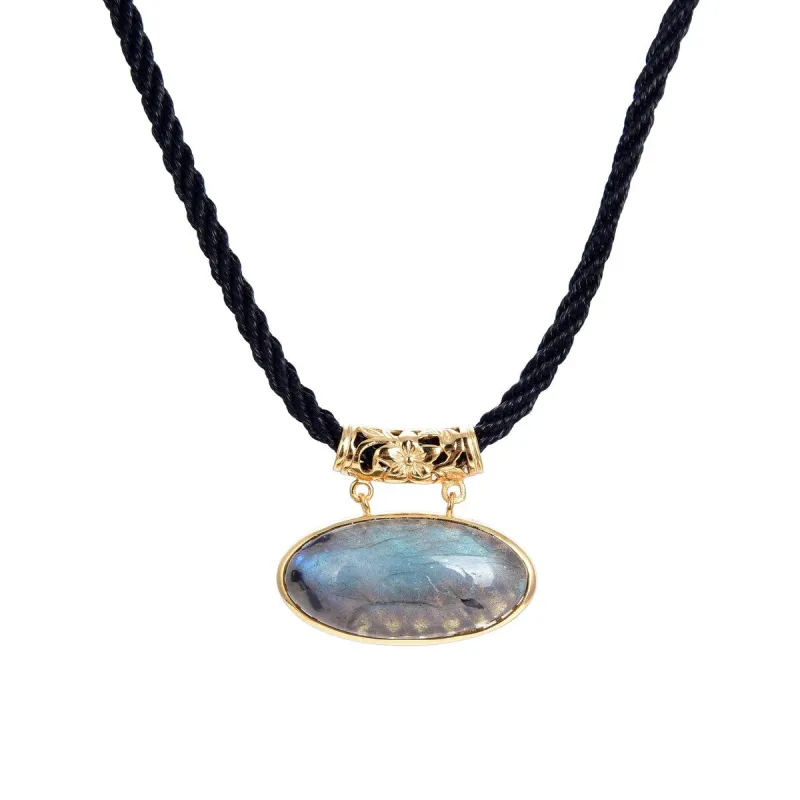 Gold Over Sterling Silver Labradorite Pendant with 18" Black Cord and 2" Extension sold by Zulily