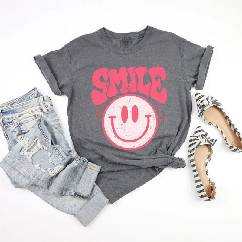 Pink Distressed Smiley Garment Dyed Tee sold by Zulily