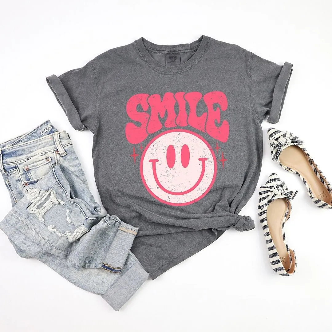 Pink Distressed Smiley Garment Dyed Tee sold by Zulily