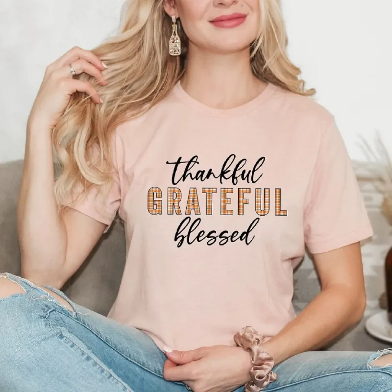 Thankful Grateful Blessed Plaid Short Sleeve Crewnneck Tee sold by Zulily
