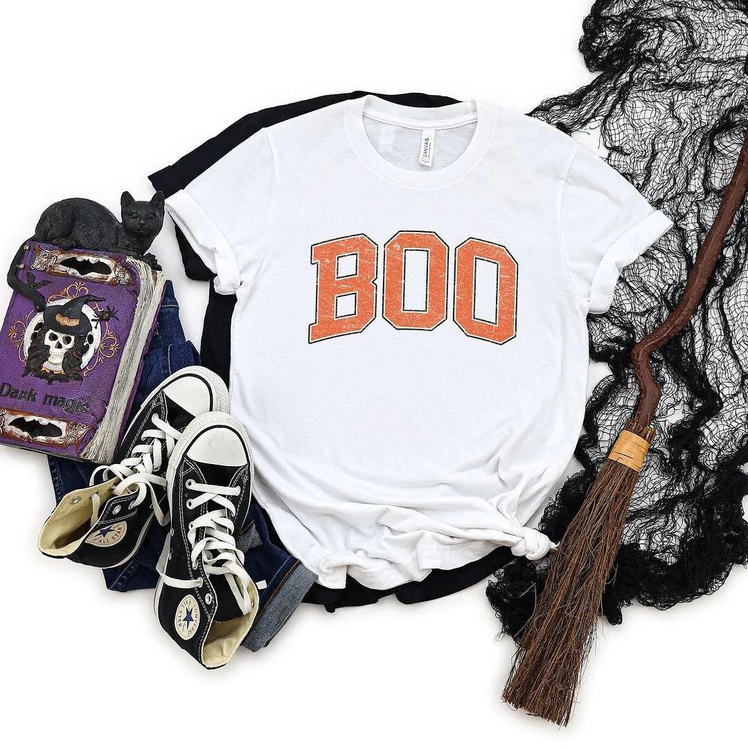 Boo Varsity Short Sleeve Crewnneck Tee sold by Zulily