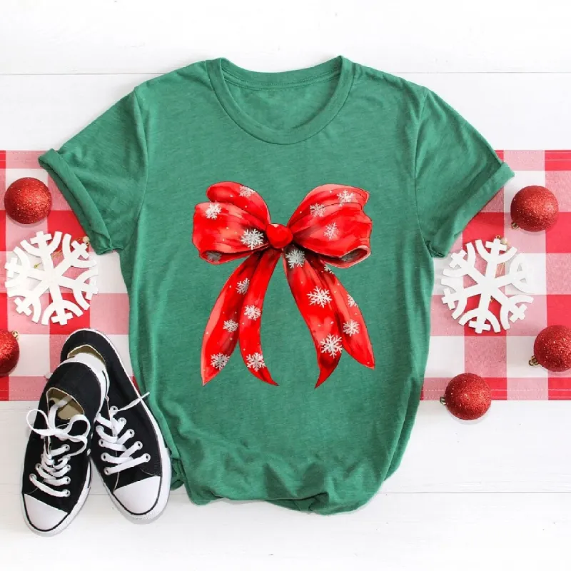 Coquette Christmas Snowflake Bow Short Sleeve Crewnneck Tee sold by Zulily