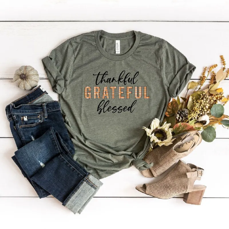 Thankful Grateful Blessed Plaid Short Sleeve Crewnneck Tee sold by Zulily