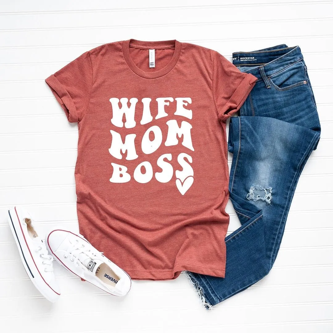 Wife Mom Boss Wavy Heart Short Sleeve Crewnneck Tee sold by Zulily