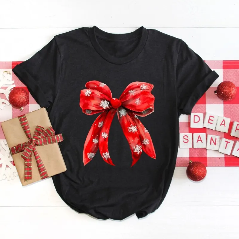 Coquette Christmas Snowflake Bow Short Sleeve Crewnneck Tee sold by Zulily