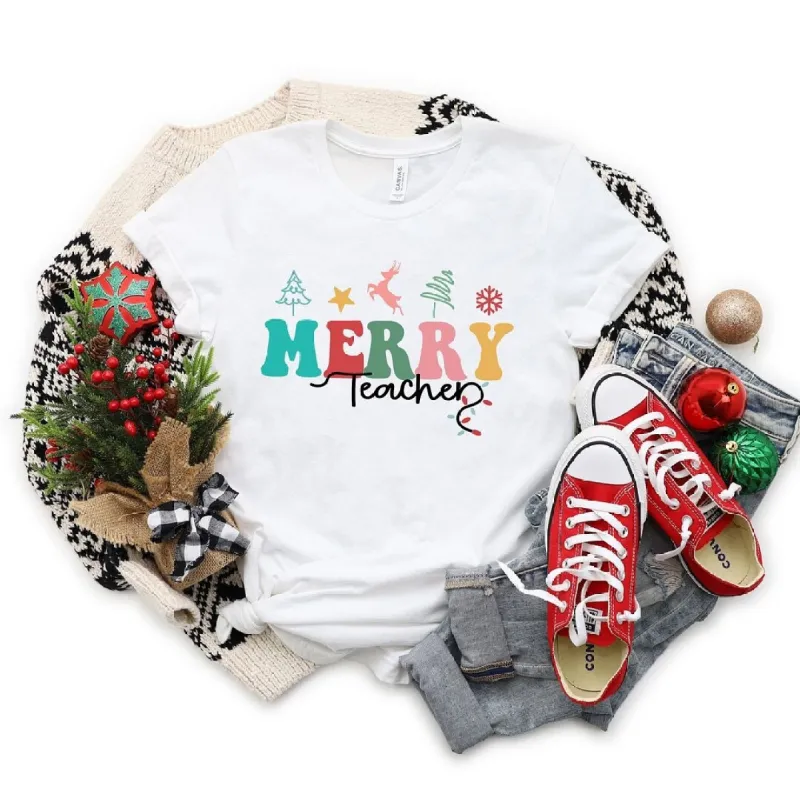 Merry Teacher Short Sleeve Crewnneck Tee sold by Zulily