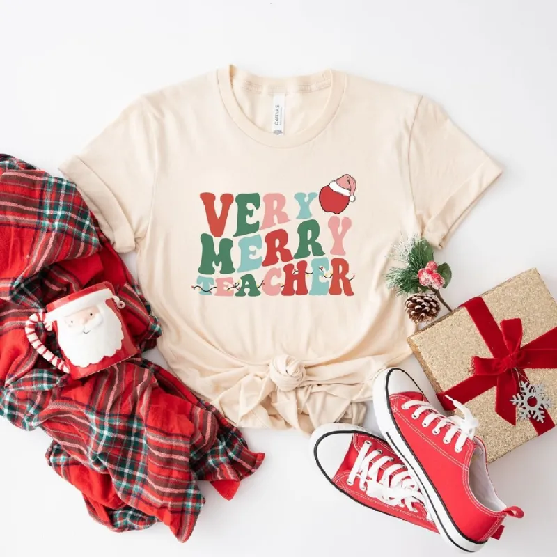 Very Merry Teacher Wavy Short Sleeve Crewnneck Tee sold by Zulily